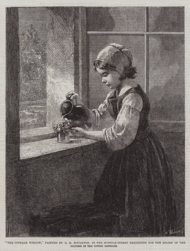 Het huisraam, in de Suffolk-Street Tentoonstelling voor de verlichting van de nood in de katoenstreken door George Henry Boughton
