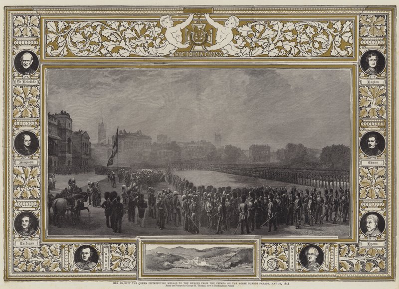 Hare Majesteit de Koningin die Medailles uitreikt aan de Helden van de Krimoorlog op de Horse Guards Parade, 21 mei 1855 door George Housman Thomas