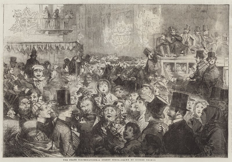 De Vredesverlichtingen, een Straatscène door George Housman Thomas