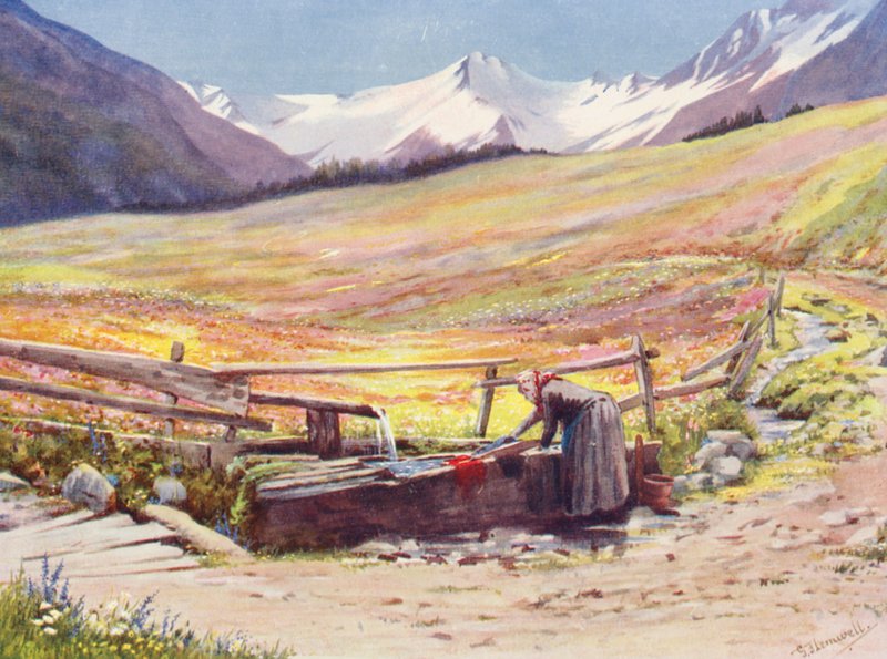 Vroege-juni velden voorbij Praz de Fort in de Val Ferret, ondersteund door de Groupe du Grand Saint-Bernard en du Grand Golliaz door George Jackson Flemwell