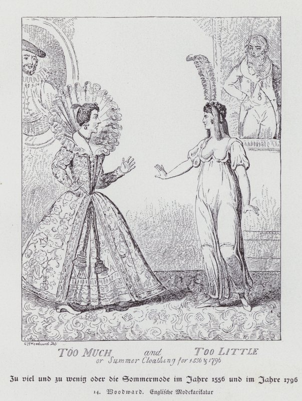 Te veel en te weinig, zomerkleding voor 1556 en 1796 door George Moutard (after) Woodward