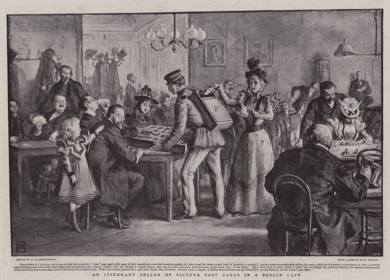 Een rondtrekkende verkoper van ansichtkaarten in een Berlijns café door George Percy Jacomb Hood