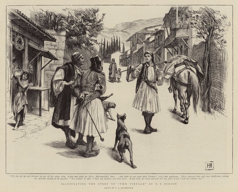 Illustratie van het verhaal van De Wijnoogst door E F Benson door George Percy Jacomb Hood
