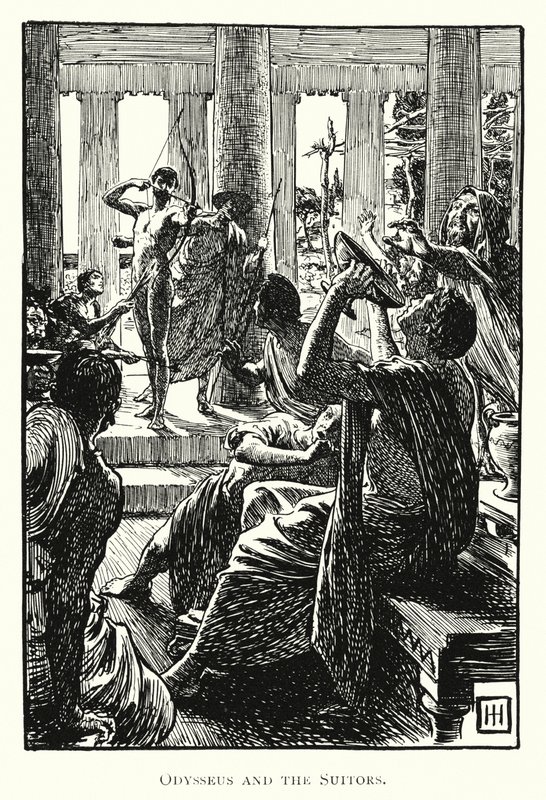 Odyssee: Odysseus en de Vrijers (gravure) door George Percy Jacomb Hood