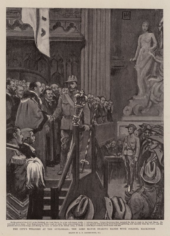 Het Welkom van de Stad in de Guildhall, de Burgemeester schudt Handen met Kolonel Mackinnon door George Percy Jacomb Hood