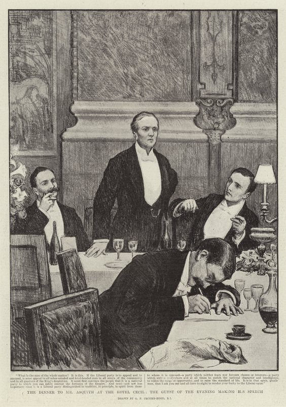 Het diner voor Mr Asquith in het Hotel Cecil, de gast van de avond houdt zijn toespraak door George Percy Jacomb Hood