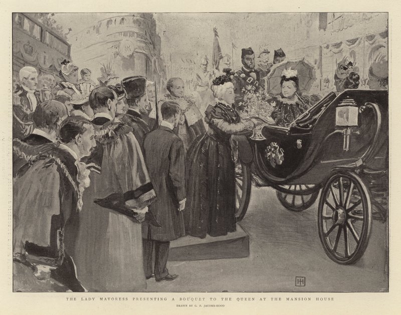 De Lady Mayoress presenteert een boeket aan de koningin in het Mansion House door George Percy Jacomb Hood