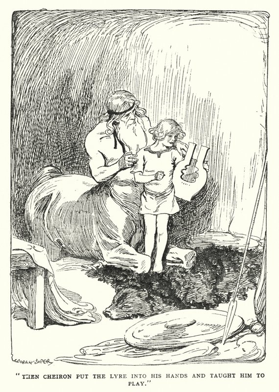 Jason en de Argonauten: "Toen gaf Cheiron hem de lier en leerde hem spelen" (litho) door George Soper
