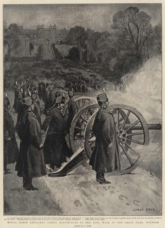 Koninklijke Rijdende Artillerie die minuutkanonnen afvuurt in de Lange Wandelgang in het Grote Park, Windsor door George Soper