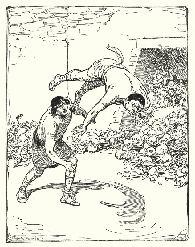 Theseus: "Theseus gooide hem recht over zijn schouder op de grond" (litho) door George Soper
