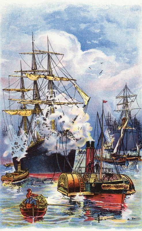 Een koopvaardijschip wordt de rivier de Theems op gesleept door George Washington Lambert
