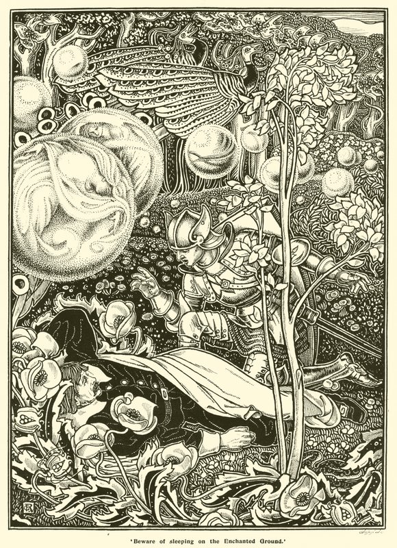 Pas op voor slapen op de Betoverde Grond (gravure) door George Woolliscroft Rhead