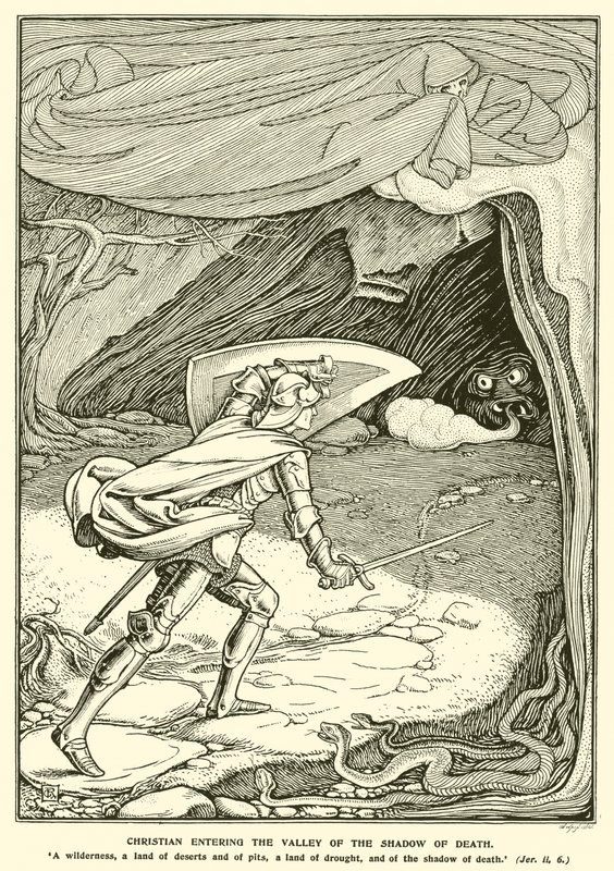 Christen betreedt het dal van de schaduw des doods (gravure) door George Woolliscroft Rhead