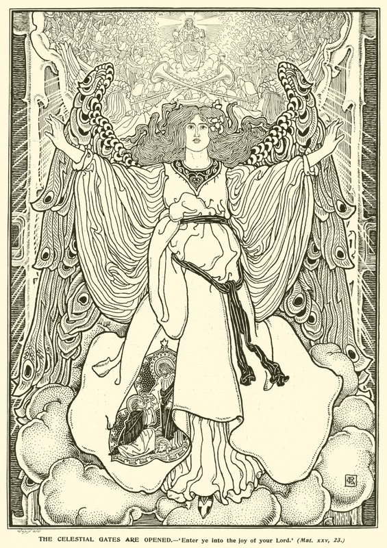 De hemelse poorten worden geopend (gravure) door George Woolliscroft Rhead