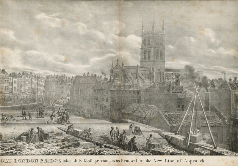 Oude Londen Brug genomen juli 1830, voorafgaand aan de verwijdering voor de nieuwe toegangsweg door George the Elder Scharf