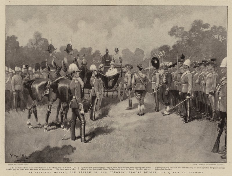 Een incident tijdens de inspectie van de koloniale troepen voor de koningin in Windsor door Georges Bertin Scott