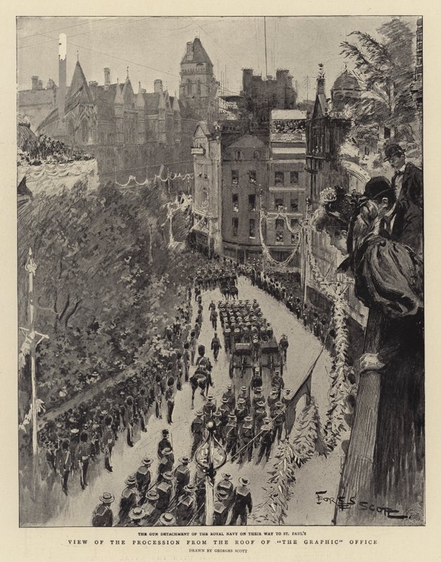 Uitzicht op de processie vanaf het dak van het The Graphic Office door Georges Bertin Scott