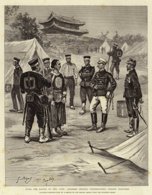 Na de slag bij Ping Yang, Japanse officieren ondervragen Chinese gevangenen door Georges Ferdinand Bigot