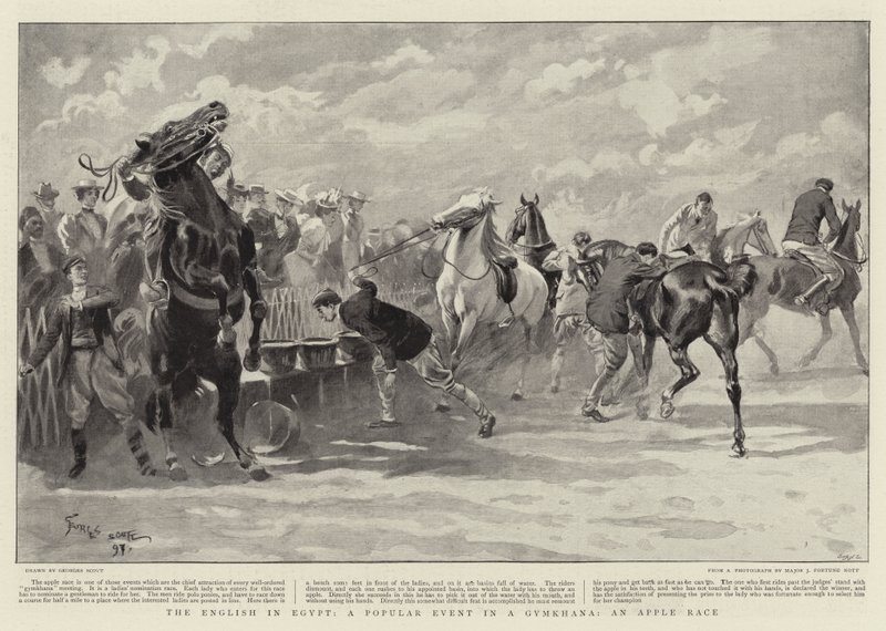 De Engelsen in Egypte, een populair evenement in een Gymkhana, een appelrace door Georges Bertin Scott