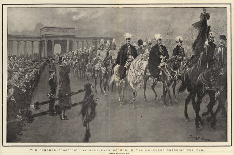 De begrafenisstoet bij Hyde Park Corner, koninklijke rouwenden betreden het park door Georges Bertin Scott