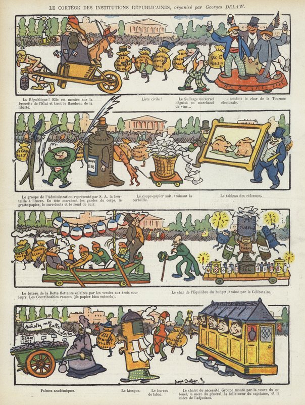 Processie van republikeinse instellingen. Illustratie voor Le Rire door Georges Delaw