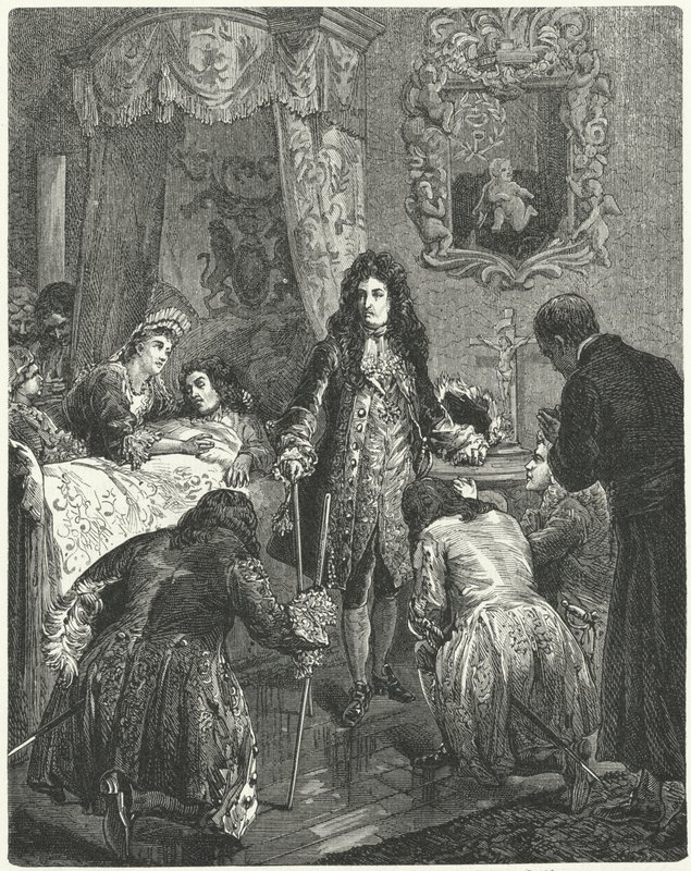 Lodewijk XIV van Frankrijk bezoekt Jacobus II van Engeland op zijn sterfbed, 1701 door German School