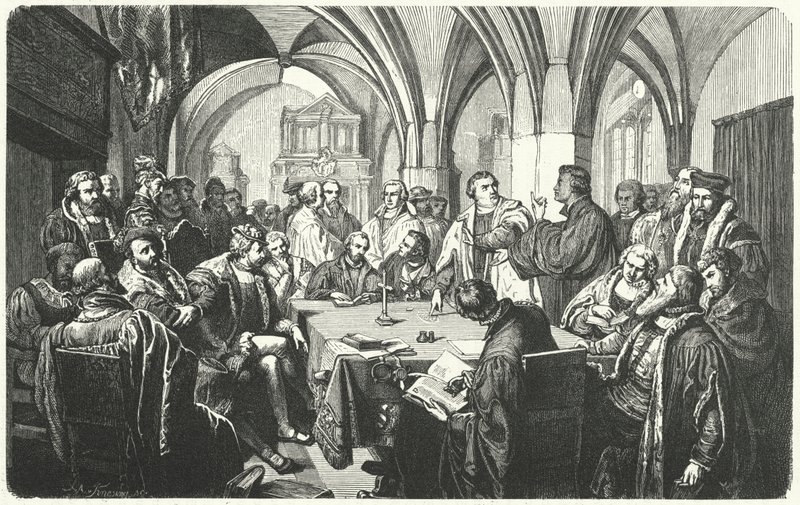 Religieus debat tussen Martin Luther en Huldrych Zwingli op de Marburg Colloquy, 1529 door German School
