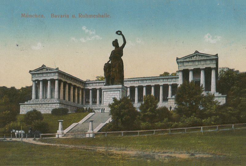 Beiers standbeeld en Ruhmeshalle, München. Briefkaart verzonden in 1913. door German Photographer