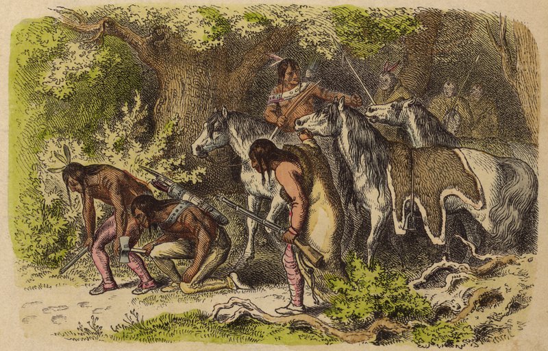 Een oorlogspartij van inheemse Amerikanen volgt hun vijanden (gekleurde gravure) door German School