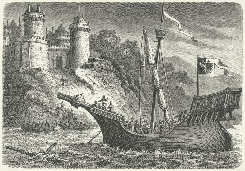 Een koopvaardijschip van de Hanze (gravure) door German School