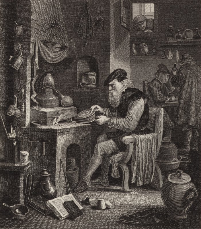 Alchemist aan het werk. Illustratie voor Bilder-Atlas (gravure) door German School