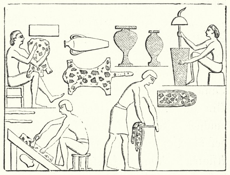 Oude Egyptische leerlooiers (gravure) door German School