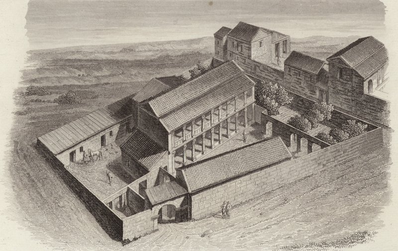 Oude Griekse huizen in Moudleja, Syrië. Illustratie voor Bilder-Atlas door German School