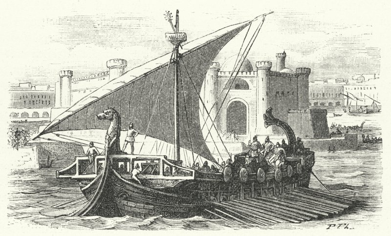 Aankomst van een Fenicisch koopvaardijschip in een haven (gravure) door German School
