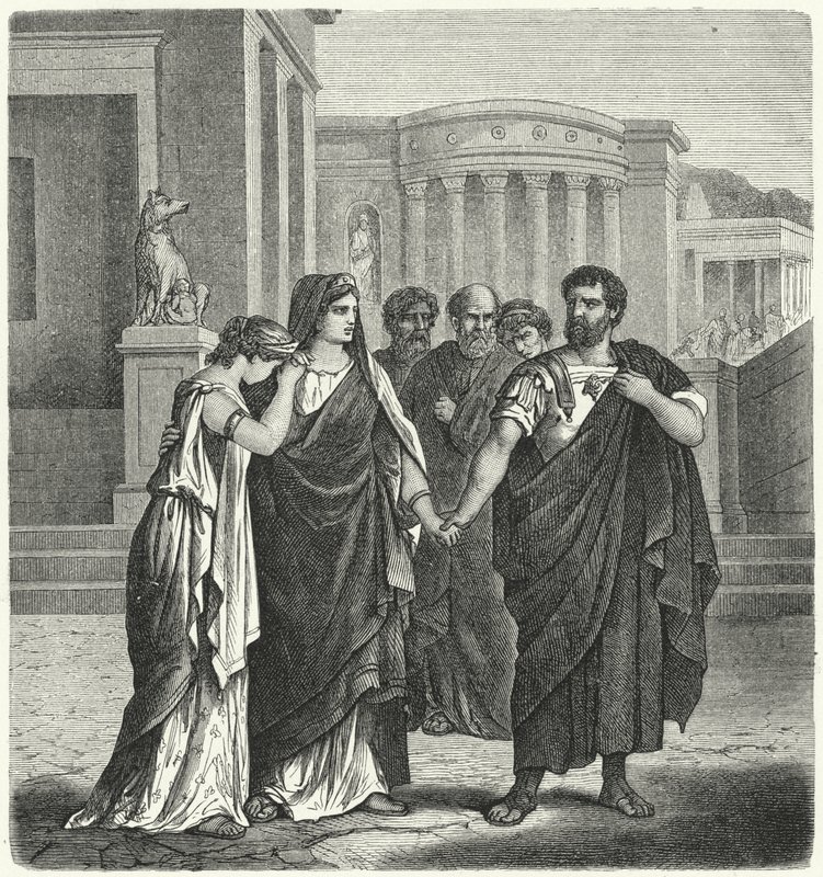 Atilius Regulus bereidt zich voor om Rome te verlaten om terug te keren naar gevangenschap in Carthago (gravure) door German School