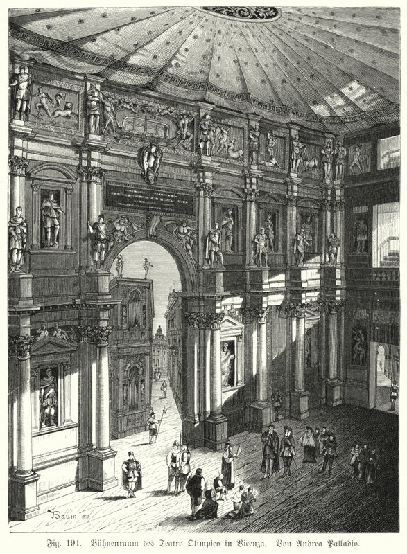 Auditorium en podium van het Teatro Olimpico, Piacenza, Italië, ontworpen door Andrea Palladio (gravure) door German School