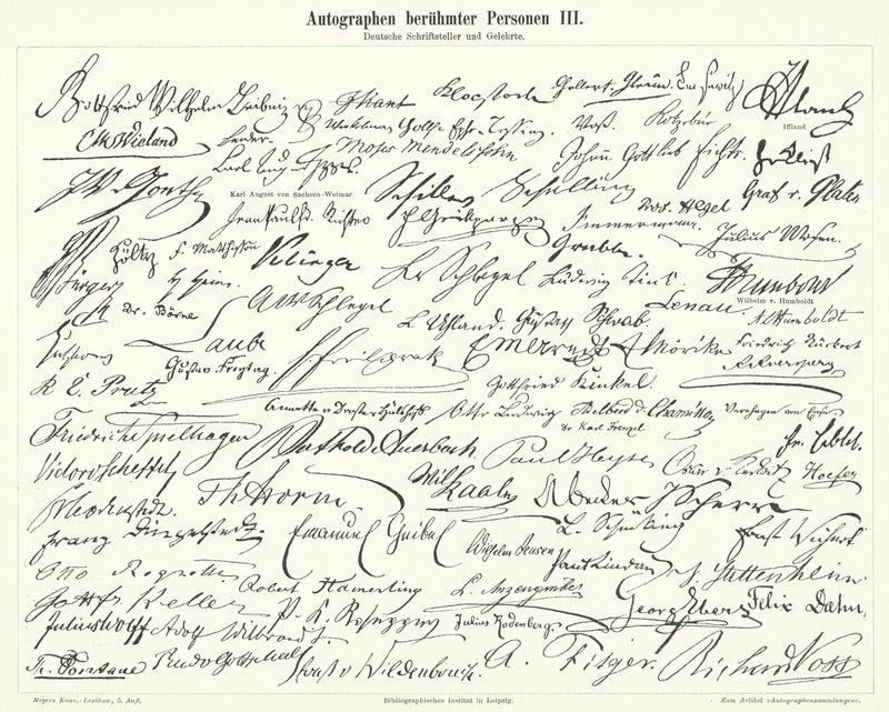 Handtekeningen van beroemde mensen: Duitse schrijvers en wetenschappers (gravure) door German School