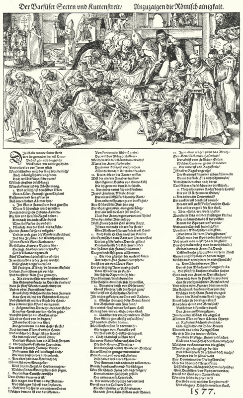 Blootsvoetse sekten en het geschil over het monnikskleed (gravure) door German School