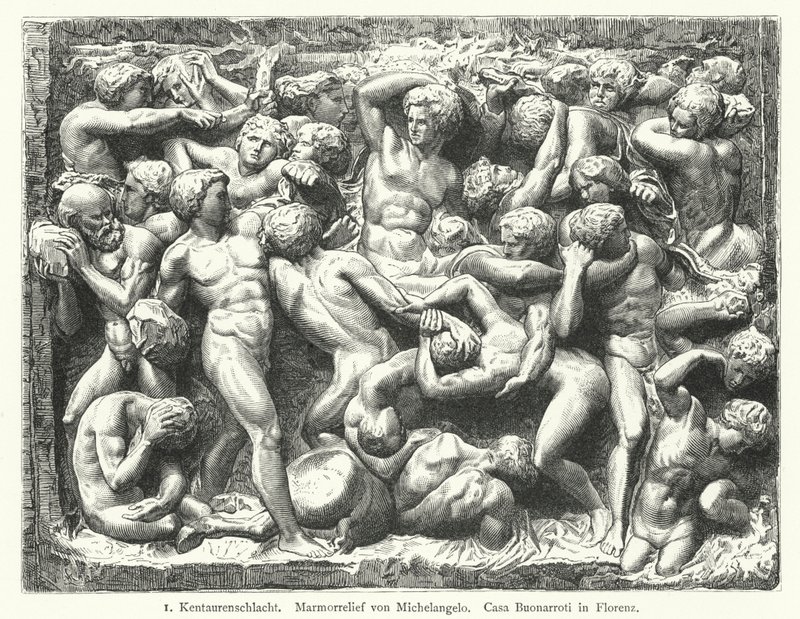Slag van de Centauren, marmeren reliëf door Michelangelo (gravure) door German School