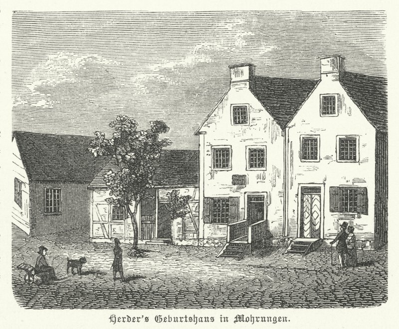 Geboorteplaats van de Duitse auteur, filosoof en Lutherse theoloog Johann Gottfried von Herder, Mohrungen (gravure) door German School