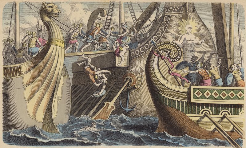 Aan boord gaan van een galei tijdens een zeeslag in de Romeinse tijd (gekleurde gravure) door German School