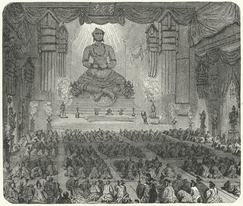 Boeddhisten aanbidden in een klooster in Peking (gravure) door German School