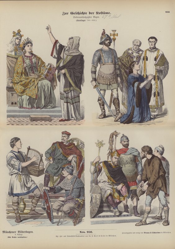 Karolingische Frankische kostuums, 8e eeuw (gekleurde gravure) door German School