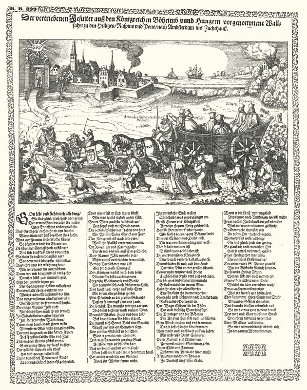 Cartoon die jezuïeten uit Bohemen en Hongarije verdreven in 1620 aan het begin van de Dertigjarige Oorlog door German School