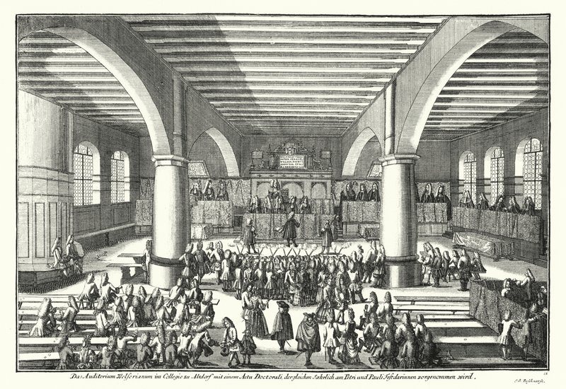 Ceremonie voor het toekennen van een doctoraat aan de Universiteit van Altdorf, Beieren door German School