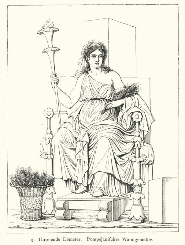 Ceres, Romeinse godin van de oogst, op de troon, muurschildering uit Pompeii (gravure) door German School