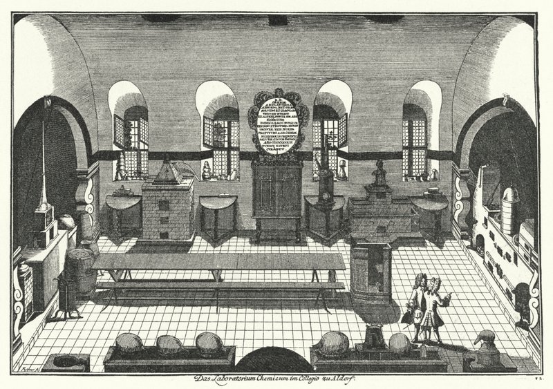 Chemisch laboratorium aan de Universiteit van Altdorf (gravure) door German School