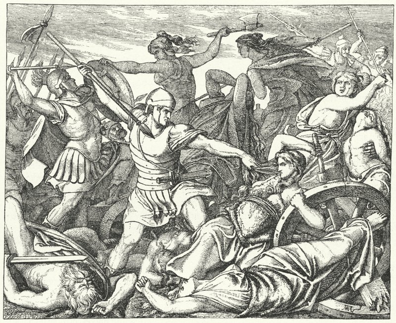 Cimbrian vrouwen verdedigen hun bagagetrein tegen aanvallende Romeinse soldaten, eind 2e eeuw na Christus (gravure) door German School