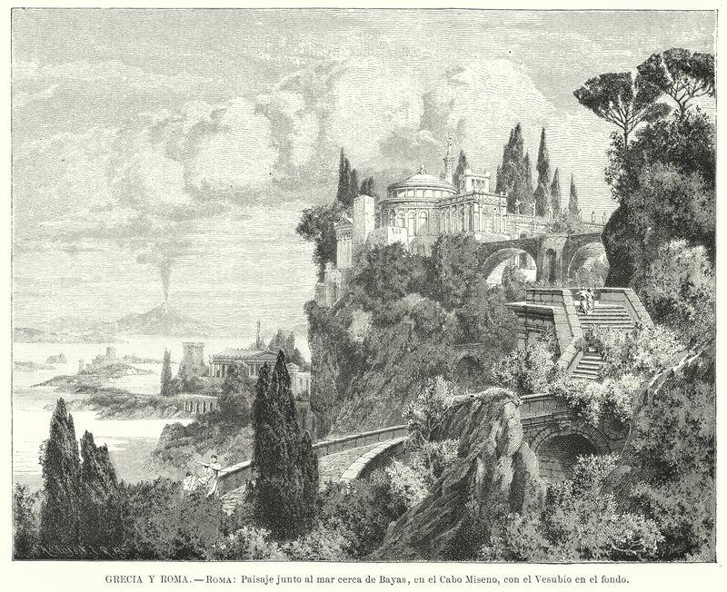 Kustlijn van de Baai van Napels vanuit de oude Romeinse stad Baiae, Kaap Miseno, met Vesuvius in de verte door German School
