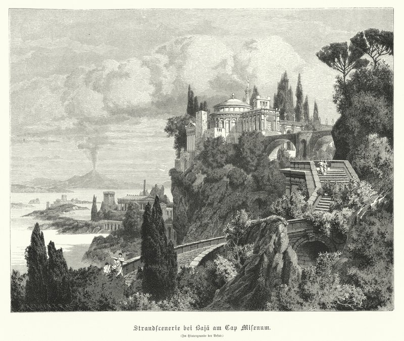 Kustlijn van de Baai van Napels vanuit de oude Romeinse stad Baiae, Kaap Miseno, met Vesuvius in de verte door German School